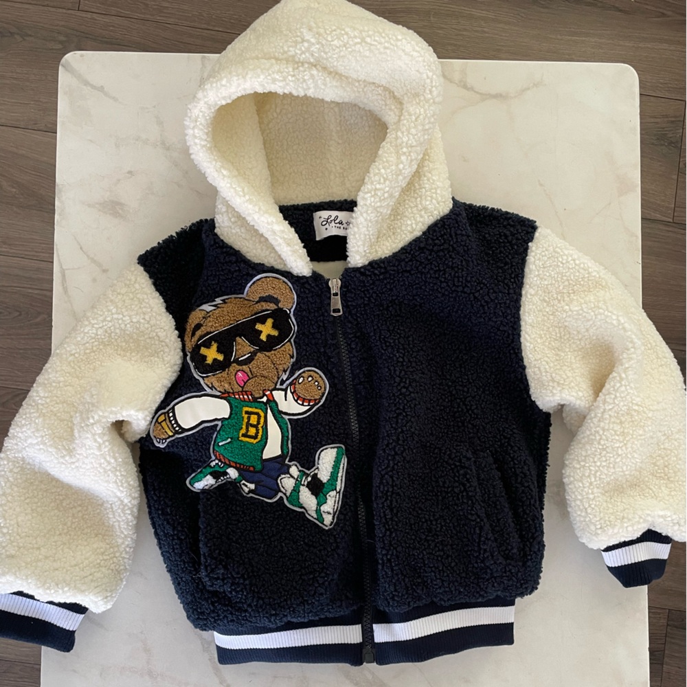 Lola + the Boys Sherpa Bomber Jacket with Bear Patch